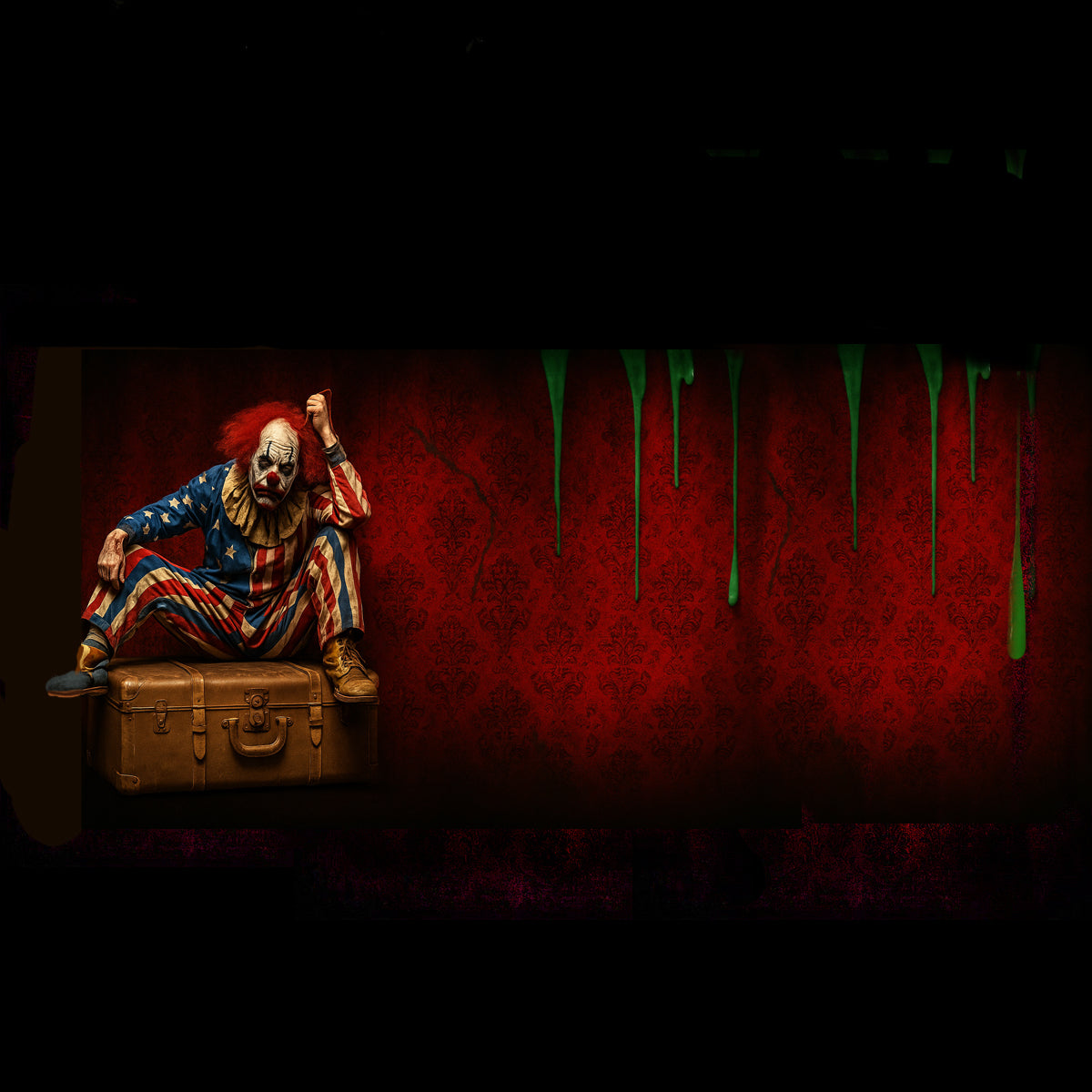 Image of our top-rated Animatronic Clown in a frightful circus setting