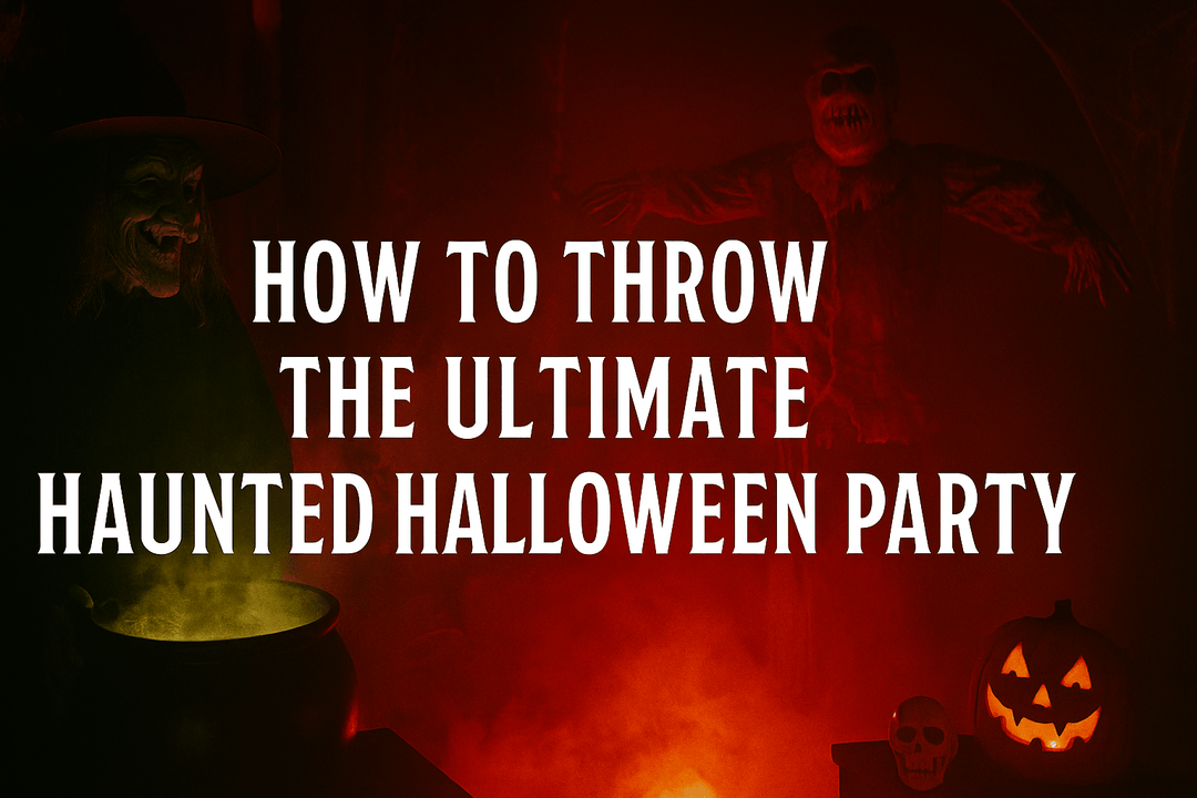 Haunted Halloween party setup with fog and graveyard props