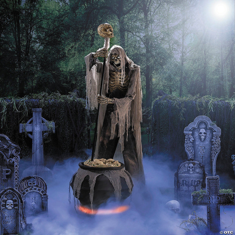 Light-Up Skeleton Stirring Cauldron Animated Halloween Prop
