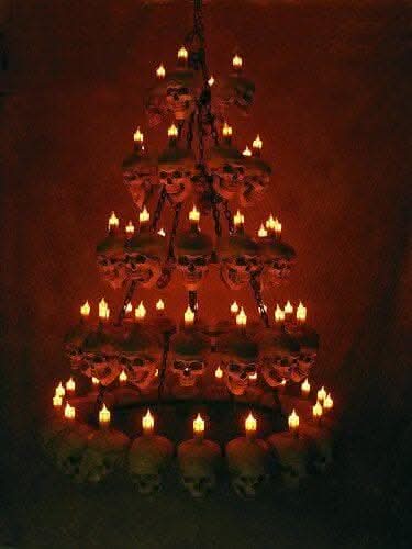 "Five-Tiered Life-Size Skull Chandelier with 60 Skulls" Haunted House Lighting