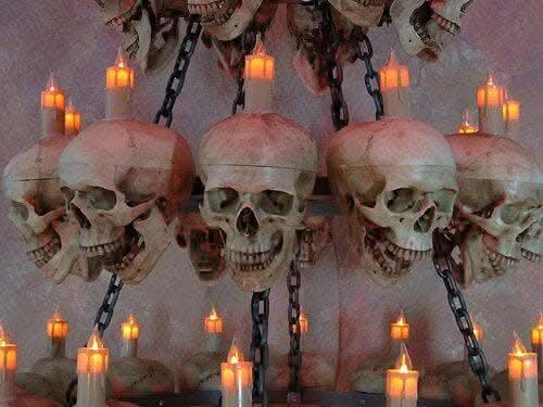 "Five-Tiered Life-Size Skull Chandelier with 60 Skulls" Haunted House Lighting