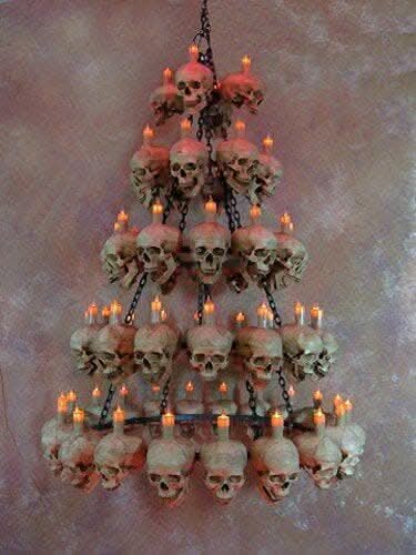 "Five-Tiered Life-Size Skull Chandelier with 60 Skulls" Haunted House Lighting