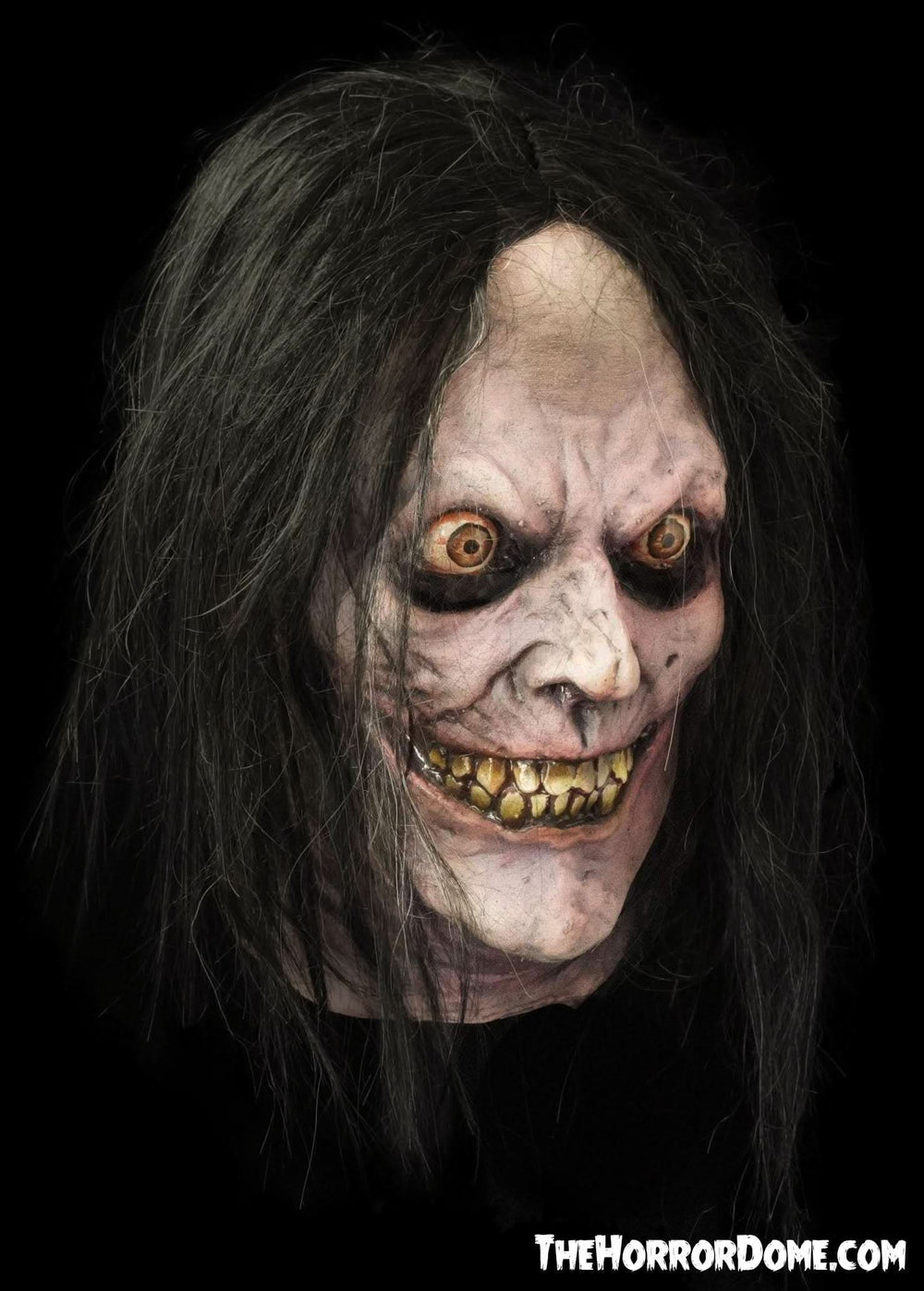 Psycho Halloween mask from HD Studios Pro. Hand-painted latex mask inspired by iconic thriller villain. Features intricate details like disturbing grin and deep eye shadows for hyper-realistic look. Durable latex construction provides comfortable all-night wear. Perfect for delivering chilling scares at haunted houses and Halloween events.