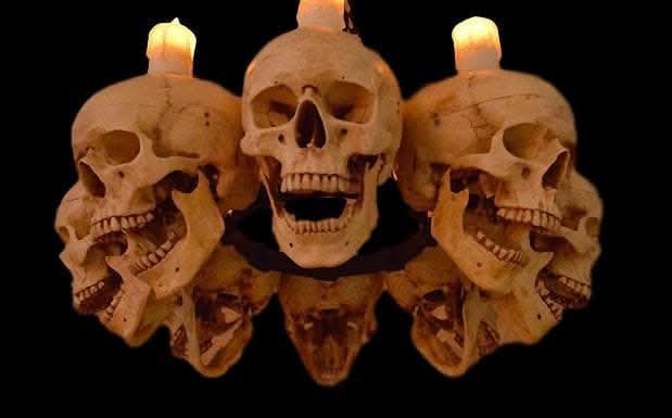 "Skull Chandelier with 8 Skulls and Flameless Candles" Haunted House Lighting