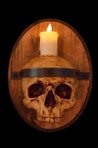 Skull Plaque Wood Sconce with Flameless Candle