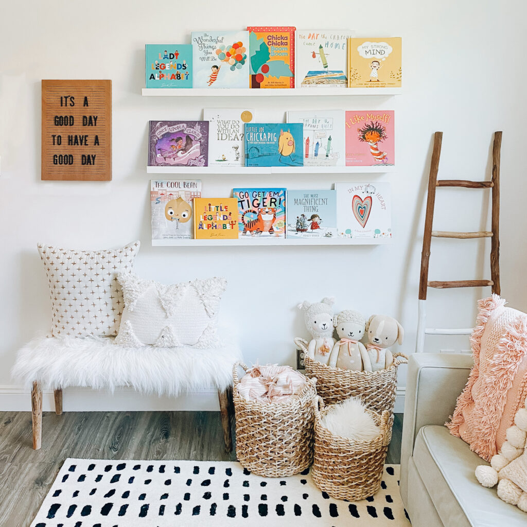 Back to school books for kids displayed on picture ledges for easy access and decorative style.